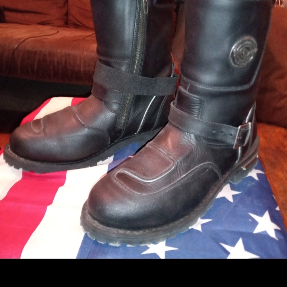 Black Leather Motorcycle Boots with Buckle Straps